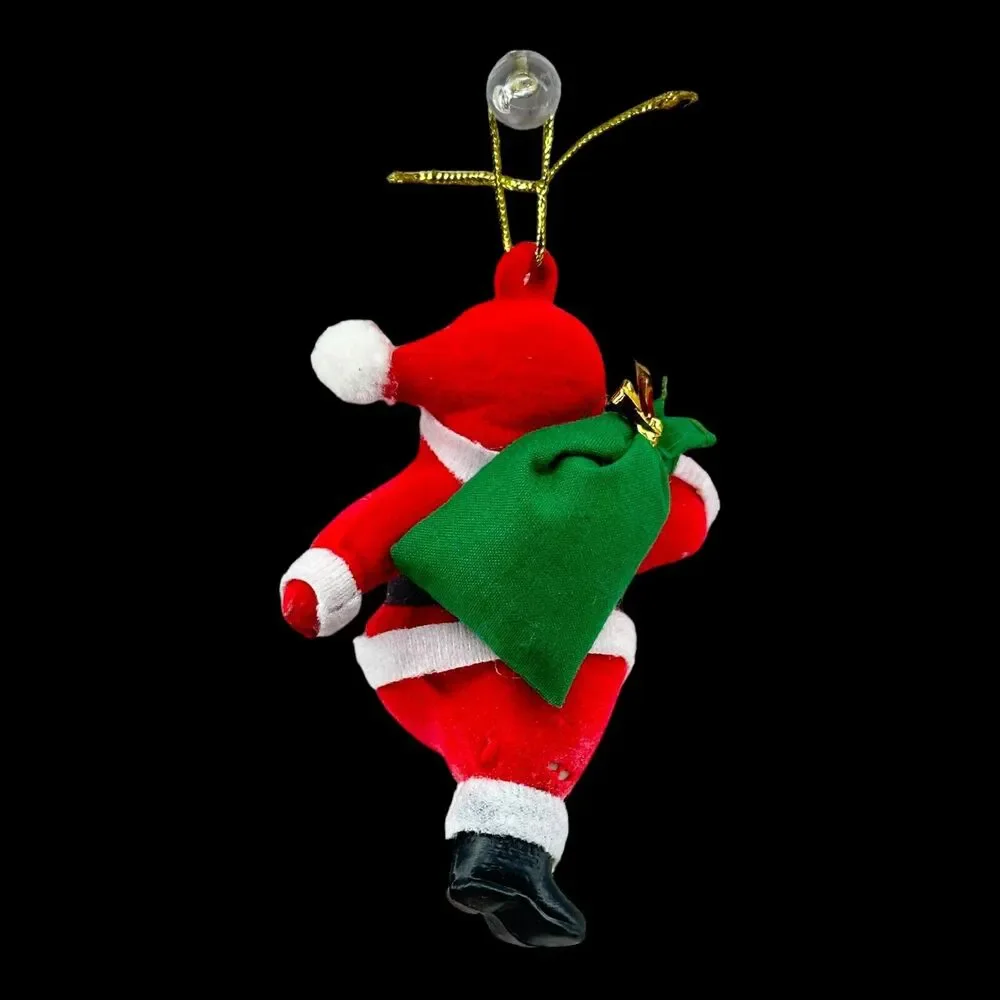 Miniature‎ Flocked Running Santa Claus Christmas Ornaments Green Sack